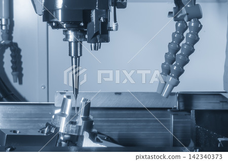 Finish cut process on mold insert part using ball nose end mill on 5 axis CNC in light blue tone Finish cut process on mold insert part using ball nose end mill on 5 axis CNC in light blue tone 142340373