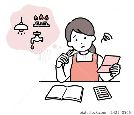 一幅描繪一位女性一邊擔心一邊管理家庭預算的插圖。 142340566
