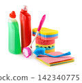 Assorted Housekeeping Supplies with Detergent Bottles, Sponges, Brushes, and Rags Isolated on White 142340775