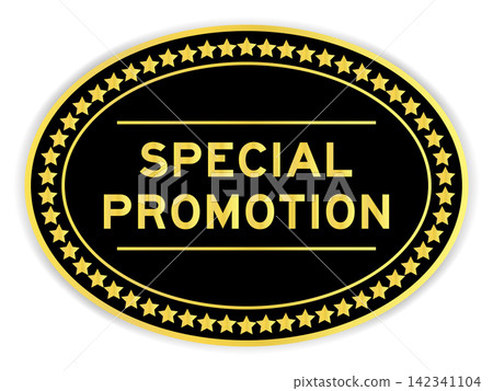 Black and gold color oval label sticker with word special promotion on white background Black and gold color oval label sticker with word special promotion on white background 142341104