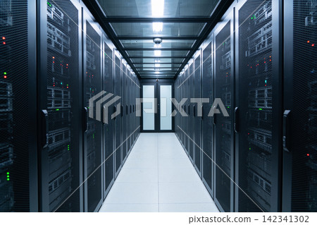 Modern data center server room with rows of racks and blinking lights Modern data center server room with rows of racks and blinking lights 142341302