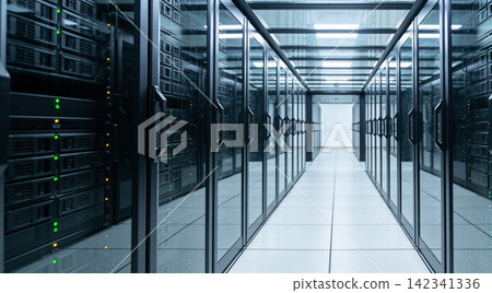 Modern data center server room with rows of blinking computer racks and glass doors Modern data center server room with rows of blinking computer racks and glass doors 142341336