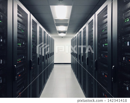 Modern data center aisle with rows of server racks and blinking lights Modern data center aisle with rows of server racks and blinking lights 142341418