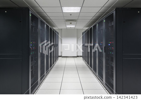 Modern data center hallway with rows of server racks and blinking lights Modern data center hallway with rows of server racks and blinking lights 142341423