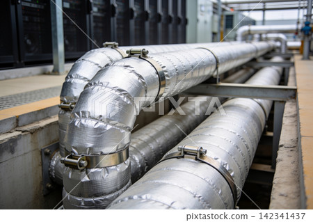 Industrial insulated pipes carrying fluids or gases in a modern facility Industrial insulated pipes carrying fluids or gases in a modern facility 142341437