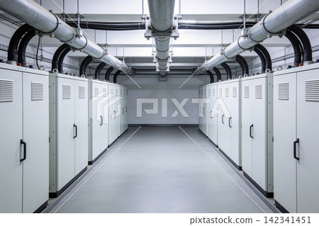 Modern industrial server room with rows of electrical cabinets and overhead piping Modern industrial server room with rows of electrical cabinets and overhead piping 142341451