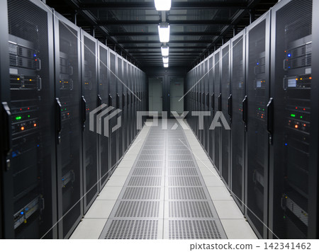 Rows of server racks in a modern data center with cool lighting Rows of server racks in a modern data center with cool lighting 142341462