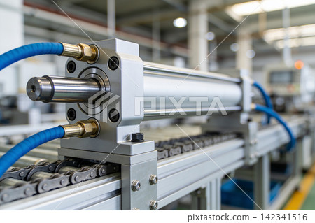 Industrial pneumatic cylinder and conveyor chain in a modern factory setting Industrial pneumatic cylinder and conveyor chain in a modern factory setting 142341516