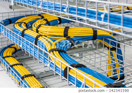 Organized blue and yellow network cables neatly managed in a wire tray Organized blue and yellow network cables neatly managed in a wire tray 142341590