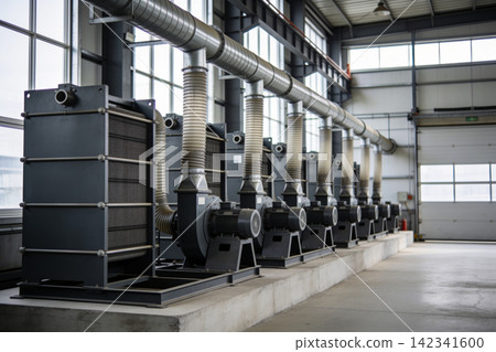 Industrial ventilation system with multiple blowers and large heat exchangers Industrial ventilation system with multiple blowers and large heat exchangers 142341600