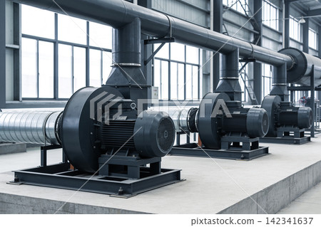 Industrial ventilation blowers and large pipes in a modern factory setting Industrial ventilation blowers and large pipes in a modern factory setting 142341637