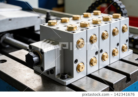 Close-up of a complex hydraulic manifold with brass fittings on a metal surface Close-up of a complex hydraulic manifold with brass fittings on a metal surface 142341676