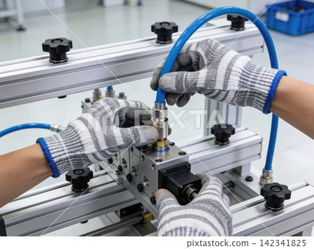 Hands in protective gloves assembling pneumatic system components on a workbench Hands in protective gloves assembling pneumatic system components on a workbench 142341825