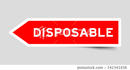 Red color arrow shape sticker label with word disposable on gray background Red color arrow shape sticker label with word disposable on gray background 142341836