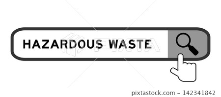 Search banner in word hazardous waste with hand over magnifier icon on white background Search banner in word hazardous waste with hand over magnifier icon on white background 142341842