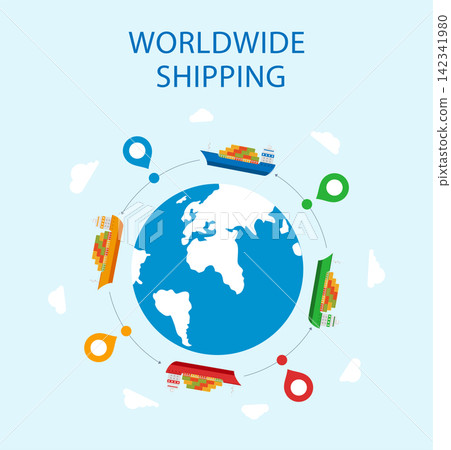 Concept of international maritime transport. An illustration with text of sea delivery of goods to different countries. Trade between the two countries. Vector flat illustration 142341980