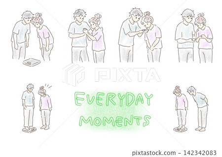 A set of illustrations depicting everyday scenes of a man and woman getting along well. A set of illustrations depicting everyday scenes of a man and woman getting along well. 142342083