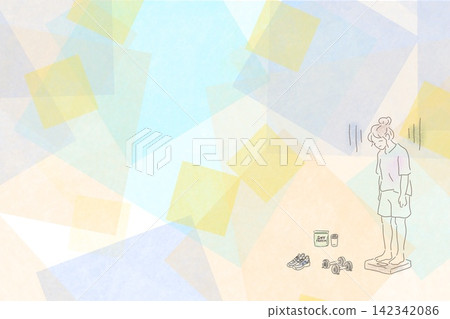 A woman looks dejected after weighing herself, against a colorful background of dieting. A woman looks dejected after weighing herself, against a colorful background of dieting. 142342086
