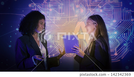 Ai and Business. Team discussing and using artificial intelligence technology or Ai assistant. Futuristic innovation AI technology collaboration and ideas for future. Business and Tech Startup meeting Ai and Business. Team discussing and using artificial intelligence technology or Ai assistant. Futuristic innovation AI technology collaboration and ideas for future. Business and Tech Startup meeting 142342369
