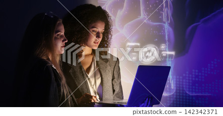 Ai and Business. Team discussing and using artificial intelligence technology or Ai assistant. Futuristic innovation AI technology collaboration and ideas for future. Business and Tech Startup meeting 142342371