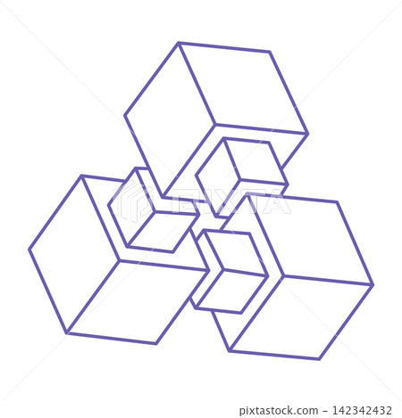 Optical illusion logo in trendy 2022 Very Peri color. Impossible shapes vector. Optical art objects. Geometric figures. Escher paradox. Optical illusion logo in trendy 2022 Very Peri color. Impossible shapes vector. Optical art objects. Geometric figures. Escher paradox. 142342432