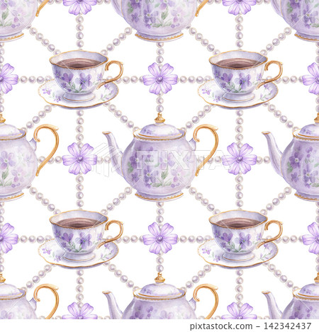 Seamless watercolor pattern with floral teapots, teacups, pearls and lavender bows. Elegant hand-painted design for packaging, textiles, stationery, wallpaper and tea party decor Seamless watercolor pattern with floral teapots, teacups, pearls and lavender bows. Elegant hand-painted design for packaging, textiles, stationery, wallpaper and tea party decor 142342437