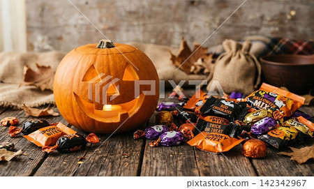 colorful candies in a bucket and a burning 142342967