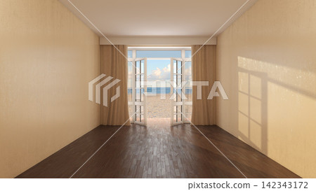 Empty Coastal Room with Open French Window, Curtains, Beach and Ocean View Empty Coastal Room with Open French Window, Curtains, Beach and Ocean View 142343172