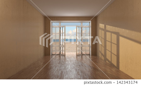 Empty Coastal Interior with Open French Window, Beach View and Sunlight Empty Coastal Interior with Open French Window, Beach View and Sunlight 142343174