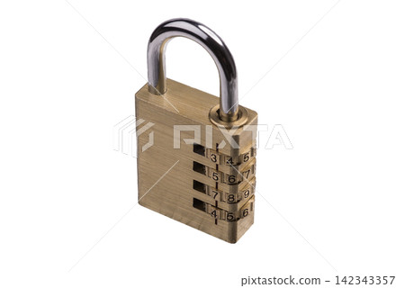 A brass combination padlock with four rotating number dials is shown A brass combination padlock with four rotating number dials is shown 142343357