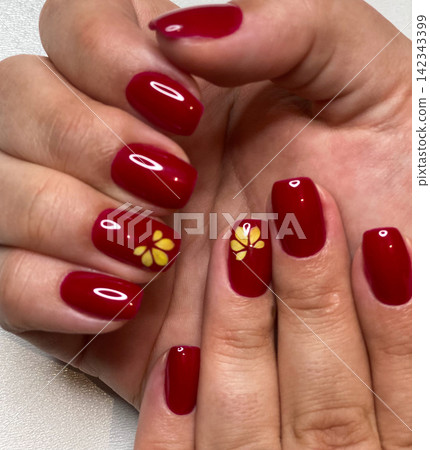 Red Manicure with Yellow Flowers Red Manicure with Yellow Flowers 142343399