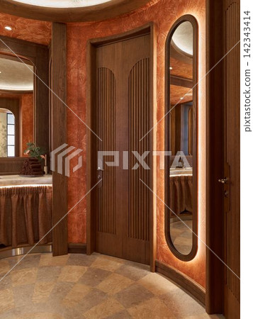 open wooden door in cozy bathroom with first-person perspective and towel stack near sink, brown and orange tones, natural light, clean interior design, for interior decor. open wooden door in cozy bathroom with first-person perspective and towel stack near sink, brown and orange tones, natural light, clean interior design, for interior decor. 142343414