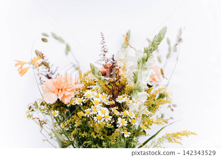 Romantic Wildflower Bouquet with Daisies and Peach Flowers Romantic Wildflower Bouquet with Daisies and Peach Flowers 142343529