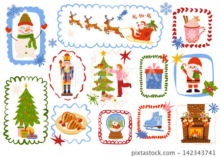 Christmas set of flat vector festive illustrations with whimsical frames, Santa Claus in a sleigh, a snowman, a nutcracker, decorated trees, gifts, ice skates, a snow globe, and festive elements. Christmas set of flat vector festive illustrations with whimsical frames, Santa Claus in a sleigh, a snowman, a nutcracker, decorated trees, gifts, ice skates, a snow globe, and festive elements. 142343741