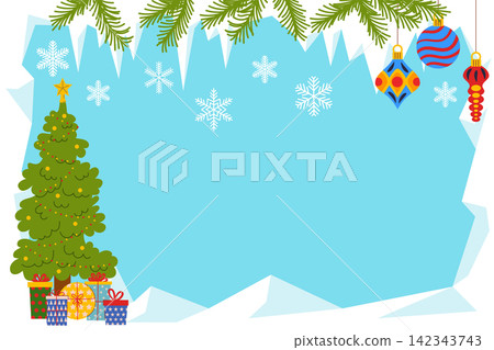 Christmas winter background template with copy space for text. Features a decorated pine tree with gift boxes, hanging colorful ornaments, green fir branches, and snowflakes within an ice border. Christmas winter background template with copy space for text. Features a decorated pine tree with gift boxes, hanging colorful ornaments, green fir branches, and snowflakes within an ice border. 142343743