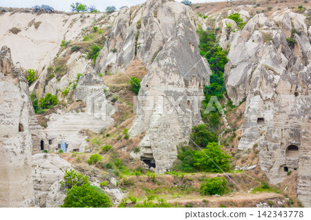 Amazing Volcanic rock formations known as Love Valley or Fairy Chimneys in Cappadocia, Turkey. Mushroom Valley one of attractions in Goreme National Park, Turkey. Mountains with rooms inside Amazing Volcanic rock formations known as Love Valley or Fairy Chimneys in Cappadocia, Turkey. Mushroom Valley one of attractions in Goreme National Park, Turkey. Mountains with rooms inside 142343778