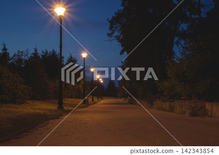 The tiled road in the night green park with lanterns in summer. Benches in the park during the summer season at night. Illumination of a park road with lanterns. Park of Eternal Glory. Ukraine The tiled road in the night green park with lanterns in summer. Benches in the park during the summer season at night. Illumination of a park road with lanterns. Park of Eternal Glory. Ukraine 142343854