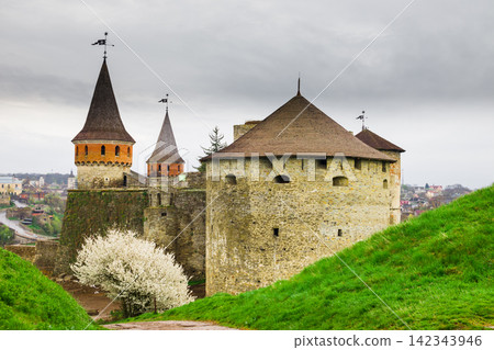 old castle with red castle old castle with red castle 142343946
