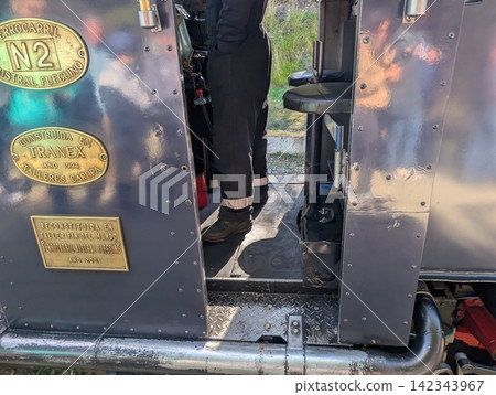 Ushuaia, Tierra del Fuego, Argentina - March 7, 2026: Builder plates on Ing. L. D. Porta steam locomotive. Ushuaia, Tierra del Fuego, Argentina - March 7, 2026: Builder plates on Ing. L. D. Porta steam locomotive. 142343967