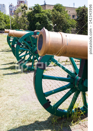 Old cannons in Kyiv fortress, a complex of Russian fortifications in Ukrainian capital built over the span of 17-19th centuries. Old cannons in Kyiv fortress, a complex of Russian fortifications in Ukrainian capital built over the span of 17-19th centuries. 142343996