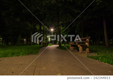 The tiled road in the night green park with lanterns in spring. A benches in the park during the spring season at night. Illumination of a park road with lanterns at night. Mariinsky Park. Ukraine The tiled road in the night green park with lanterns in spring. A benches in the park during the spring season at night. Illumination of a park road with lanterns at night. Mariinsky Park. Ukraine 142344013