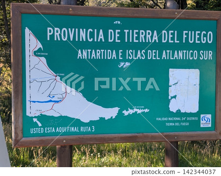 Ushuaia, Tierra del Fuego, Argentina - March 7, 2026: Tierra del Fuego province map at the end of Route 3. Ushuaia, Tierra del Fuego, Argentina - March 7, 2026: Tierra del Fuego province map at the end of Route 3. 142344037