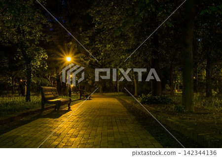 The tiled road in the night green park with lanterns in spring. A benches in the park during the spring season at night. Illumination of a park road with lanterns at night. Mariinsky Park. Ukraine 142344136