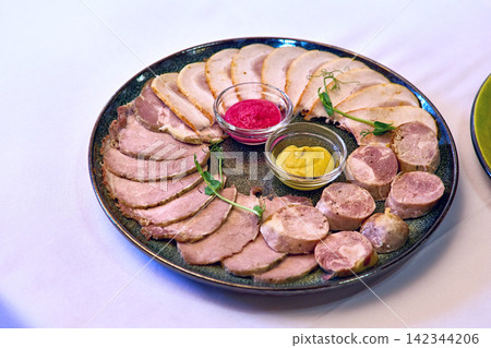 Event.Banquet festive plate with sausages,various types of meat products Event.Banquet festive plate with sausages,various types of meat products 142344206