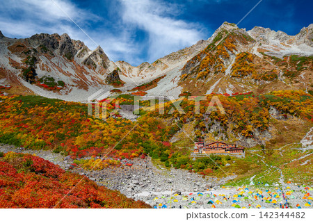 In late September, the autumn foliage at its peak, the Karasawa Hut, and the colorful campsite can be seen from the Karasawa Cirque in the Northern Alps. In late September, the autumn foliage at its peak, the Karasawa Hut, and the colorful campsite can be seen from the Karasawa Cirque in the Northern Alps. 142344482