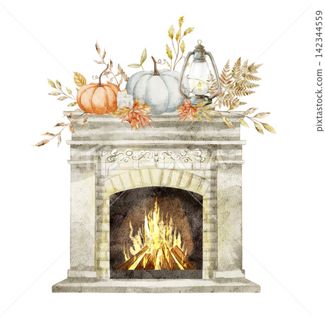 Fireplace watercolor illustration with pumpkins, lantern and autumn foliage isolated on background. Cozy harvest clipart for Thanksgiving invitations, farmhouse and seasonal designs in huggy style. Fireplace watercolor illustration with pumpkins, lantern and autumn foliage isolated on background. Cozy harvest clipart for Thanksgiving invitations, farmhouse and seasonal designs in huggy style. 142344559