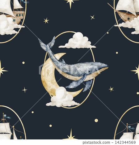 Whale seamless watercolor pattern with sailing ship on dark blue background. Ocean baby repeat with crescent moon and sailboat in the clouds for fabric, wallpaper, nursery textiles and wrapping paper. Whale seamless watercolor pattern with sailing ship on dark blue background. Ocean baby repeat with crescent moon and sailboat in the clouds for fabric, wallpaper, nursery textiles and wrapping paper. 142344569