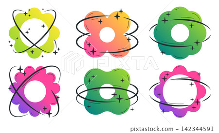 Abstract colorful flower shapes. Green, pink and yellow abstract forms with rings and sparkles flat vector illustration set. Magical celestial symbols isolated on white background 142344591