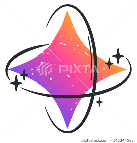 Abstract cosmic sparkle. Bright pink diamond shape with orbital rings and sparkles flat vector illustration. Futuristic celestial symbol isolated on white background Abstract cosmic sparkle. Bright pink diamond shape with orbital rings and sparkles flat vector illustration. Futuristic celestial symbol isolated on white background 142344592