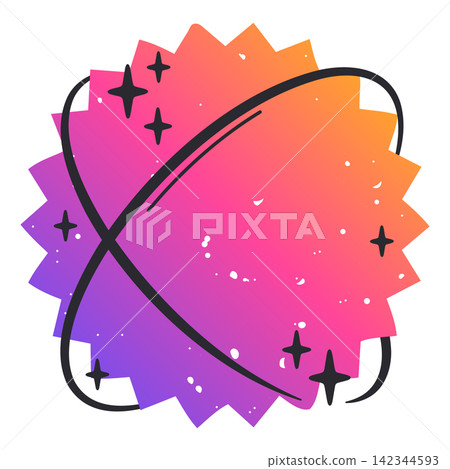 Abstract starburst shape. Geometric star figure with orbital rings and sparkles flat vector illustration. Colorful celestial graphic isolated on white background Abstract starburst shape. Geometric star figure with orbital rings and sparkles flat vector illustration. Colorful celestial graphic isolated on white background 142344593